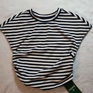 Halara Striped Knit Short Sleeve Crew Neck Stretch Yoga Top XS Black White Nylon